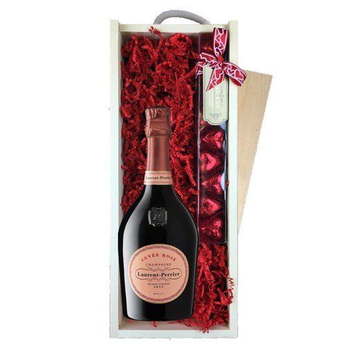 Laurent Perrier Cuvee Rose Champagne 75cl & Chocolate Praline Hearts, Wooden Box